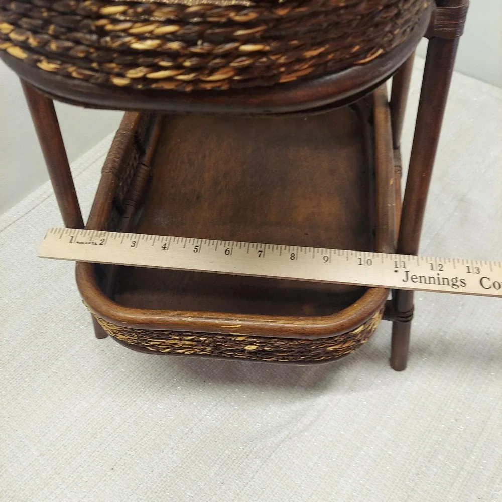 Vintage Dark Brown Bamboo Wicker Rattan 2-Tier Serving Stand MCM Boho